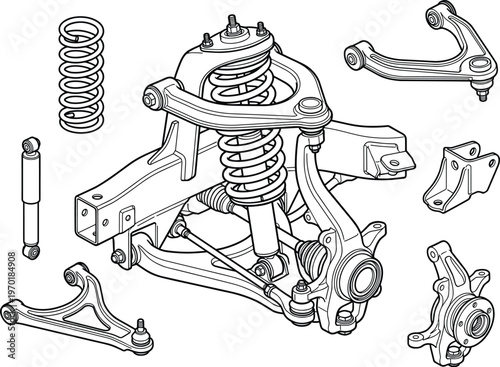 Exploded view of a car front suspension system showing individual components with intricate details