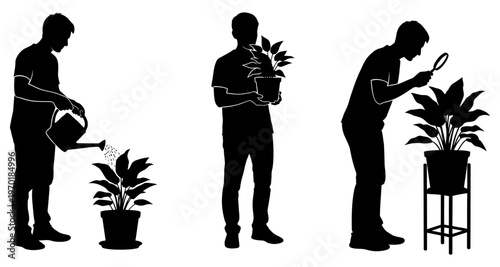 Man Tending Houseplants: Watering Holding Inspecting with Magnifying Glass Silhouette Style