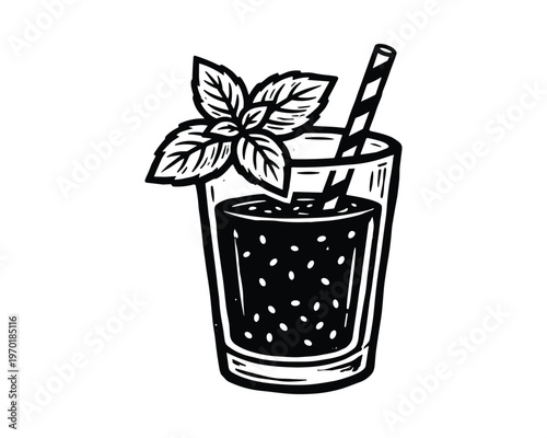 Fresh mojito cocktail glass with mint leaves and striped straw vector illustration for summer drink menus