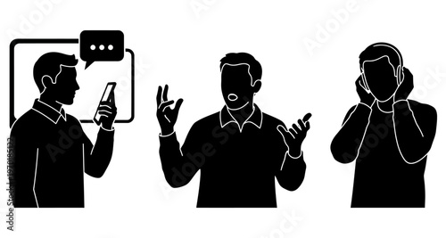 Men Discussing Ideas and Receiving Messages via Smartphone Silhouettes Minimalist Style