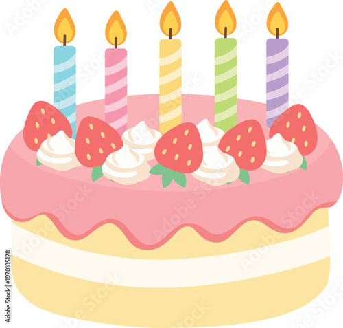 Flat vector illustration of a strawberry birthday cake with candles and cream decoration, perfect for kids design, party invitations, greeting cards, and festive themes. Ideal for stickers, posters, a