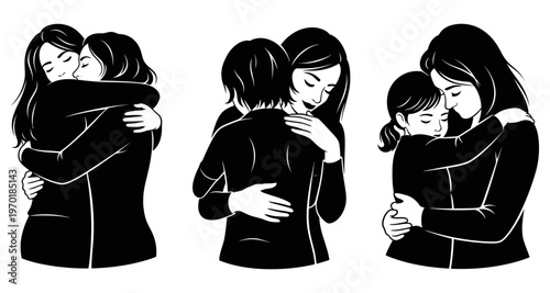 Mother and Child Embracing Tenderly Close-up Silhouette Collection Warm Affectionate Bond Simple Vector Style