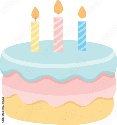 Simple flat vector illustration of a birthday cake with three candles in pastel colors, ideal for kids design, greeting cards, party invitations, and minimal celebration themes. Perfect for stickers