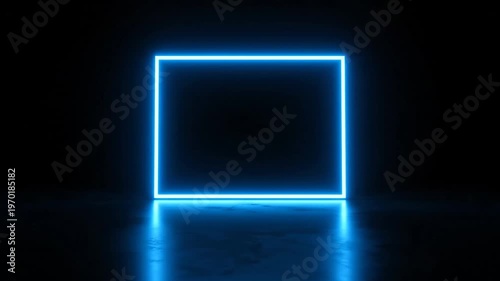 Glowing neon blue square. Lit up with reflection on dark, glossy floor. Modern style with abstract forms
