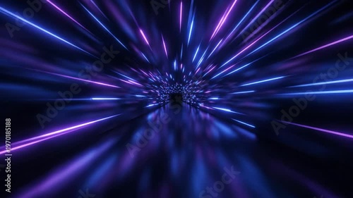 A neon-lit tunnel with blue and purple light streaks converges into a dark void. Reflections add depth