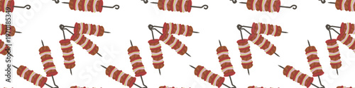 BBQ kebab seamless border pattern isolated on white. Barbeque meat kebab on skewer. Vector illustration in cartoon flat style.