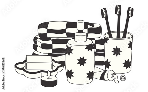 Doodle bathroom elements isolated on white. Hand drawn towels, dispenser, toothbrushes, toothpaste, soap dish, and candle in retro style