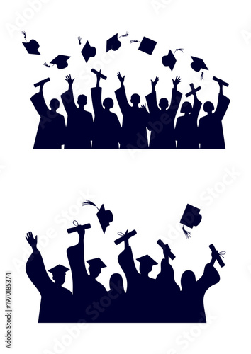 Graduation silhouettes set with students tossing caps and diplomas, University graduates celebrating ceremony with hats in the air, Academic success silhouettes of students in gowns and mortarboards