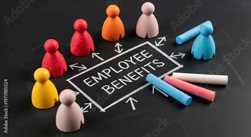 Colorful Figures and Chalkboard Design, Employee Benefits Concept