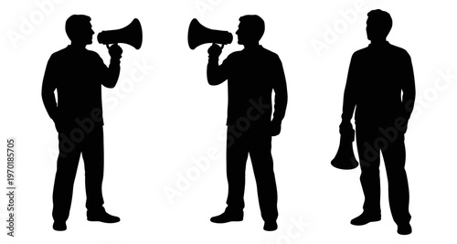 Silhouette of Man Speaking into Megaphone Announcing Isolated on White Background Vector Graphic