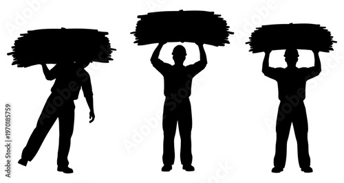 Silhouettes of laborers carrying heavy bundles of materials overhead diverse poses white background graphic style