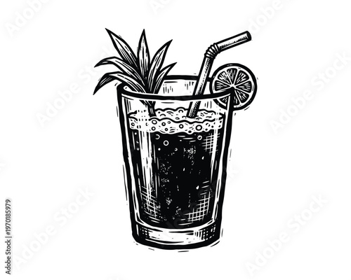 Linocut cocktail glass with tropical leaves and citrus garnish hand drawn vector element on transparent background