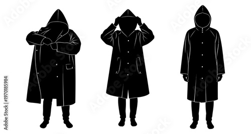 Silhouettes of people wearing hooded raincoats demonstrating different poses and actions graphic style