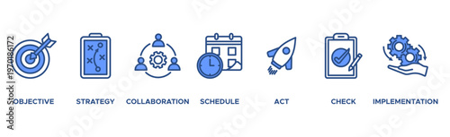 Action plan banner web icon vector illustration concept with icon of objective, strategy, collaboration, schedule, act, launch, check, and implementation
