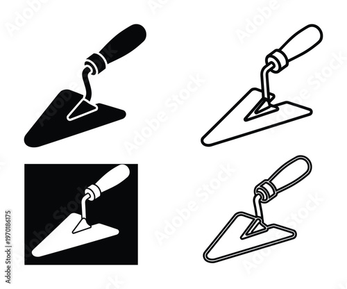 Masonry trowel icons collection in flat and outline styles for professional plastering and bricklaying work