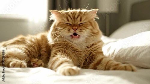 Close-up of a yawning, fluffy cat, its mouth wide open, resting on a white bed. The cat's fur is a mix of orange and cream