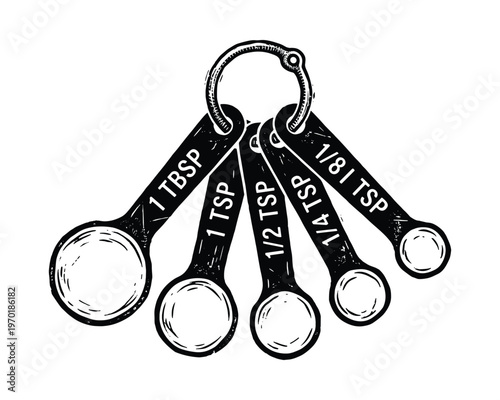 Measuring spoons set vector illustration in hand drawn linocut style with various sizes on metal ring connector