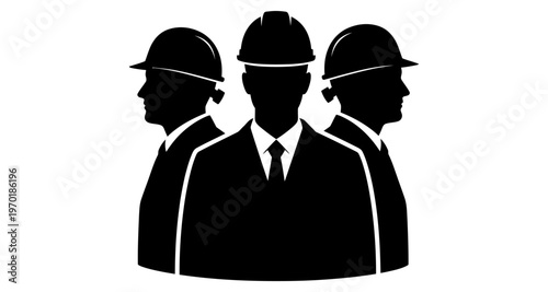 Three Engineers Silhouette Wearing Hard Hats and Suits in Formation Teamwork Concept Minimalist Graphic Style