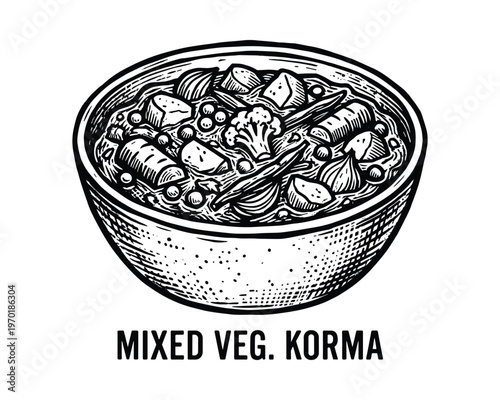 Mixed vegetable korma dish in bowl, indian cuisine food sketch for menu designs and recipe illustrations