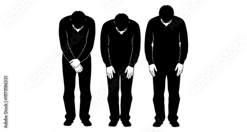 Three Men Bowing Respectfully in Silhouette Formal Greeting Cultural Gesture Clean Background Minimalist Style