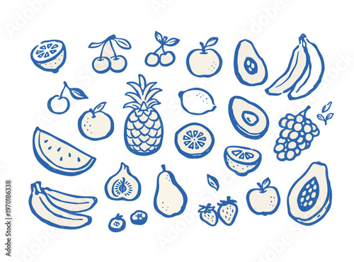 Blue line illustration collection of assorted fruits including pineapple bananas cherries apples citrus watermelon avocado grapes figs pears strawberries blueberries and papaya