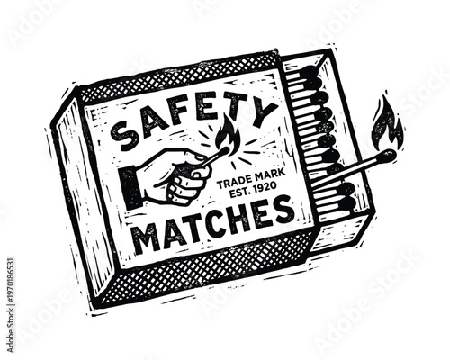 Old fashioned safety matches box open with lit matchstick artistic linocut style on grid