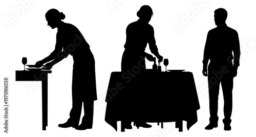 Waitstaff Silhouettes Setting Table with Wine Glasses and Cutlery Professional Service Setup Minimalist Black and White