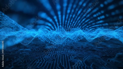 Glowing blue digital wave pattern with circuit board texture at the bottom. The waves appear to float above
