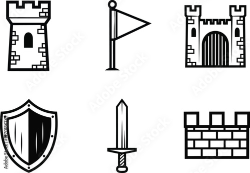 Medieval heraldry and castle elements a black and white icon set