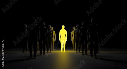 Illuminated individuality a lone figure glows brightly amidst a crowd of shadowy indistinct people symbolizing uniqueness