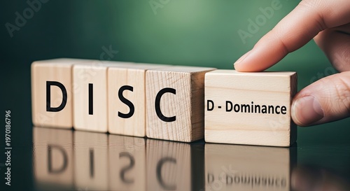 Wooden Blocks, Text with Hand, Green Background, DISC Personality Concept