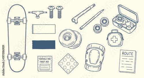 Skateboard parts and accessories sketch isolated on transparent background detailed line art illustration