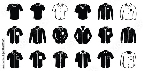 Black and White Silhouette Icons of Various T-shirts and Collared Shirts clothing apparel