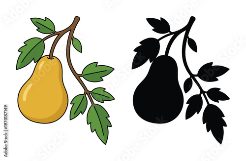 Pear fruit with leaves. sweet food drawing. healthy eating. summer fruit. vector illustration black silhouette