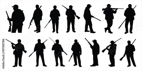 Black Silhouettes of Hunters Holding Rifles in Different Poses on White Background male person