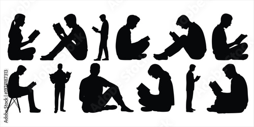 Black Silhouettes of People Reading Books in Various Poses on White Background vector illustration