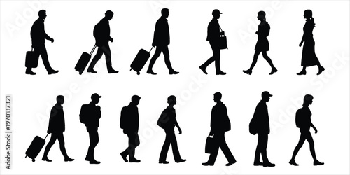 Black Silhouettes of People Walking with Luggage and Bags on White Background travel
