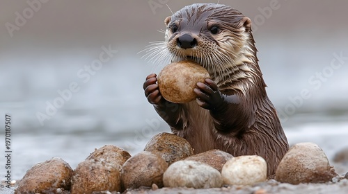 A curious otter playing with rocks on the shore