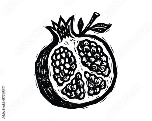 Pomegranate fruit cut in half showing seeds in hand drawn woodcut style isolated on transparent background eps