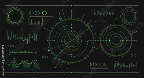 Futuristic interface with radar and data screens.