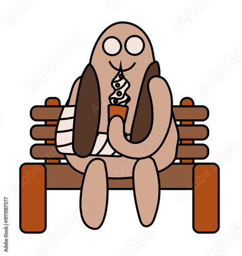 A cute brown monster with a broken arm in a cast, holding a soft serve ice cream cup, sitting on a wooden bench. Vector drawing. 