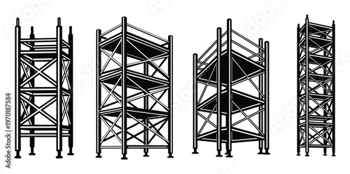 Professional scaffolding tower silhouettes showing different perspectives and heights for construction sites