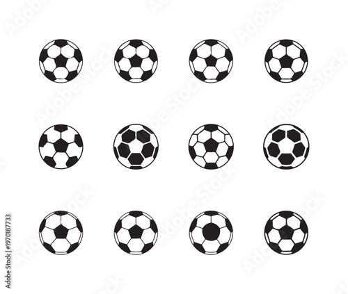 Twelve outline and filled soccer balls icons showing traditional and modern panel designs in grid