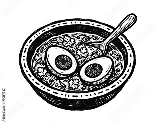 Ramen bowl with boiled eggs hand drawn sketch noodle soup illustration asian cuisine element black ink design