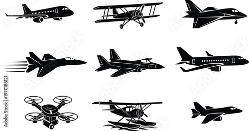 Black aircraft silhouette icons set featuring commercial airplane biplane jet fighter drone and sea plane isolated on white background for aviation industry design projects and SEO.