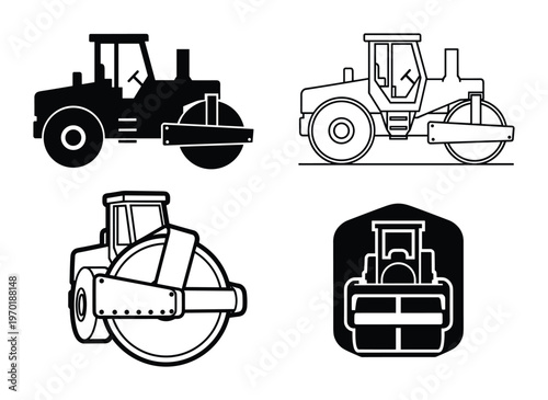Road roller vehicle icons showing side and front view perspectives for asphalt paving and heavy construction