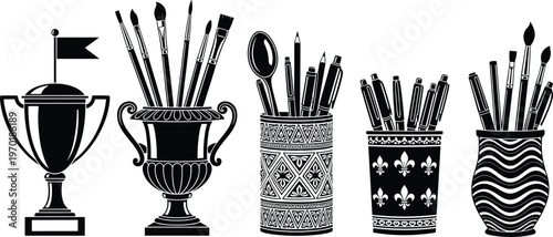 Decorative pen holders and art tools vector set, ornate containers with brushes pencils and trophy, black isolated design elements for creative workspace illustration