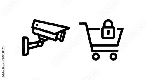 Security camera monitoring shopping cart with lock icon with online shopping with e commerce with data security with online store with secure transaction