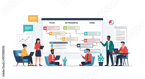 Project Workflow Process Flat Vector Illustration, Task Progress Management, Kanban Board System, Business Process Planning, Team Collaboration, Productivity Concept for UI UX Design