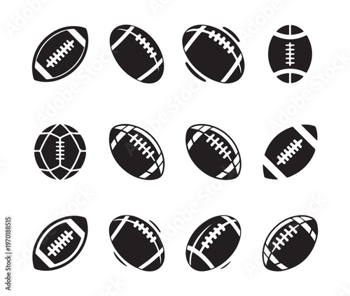 Twelve black silhouette icons representing various types of balls used in different sports contests